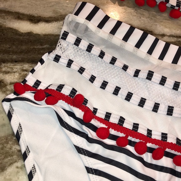 Black & White Cut-Out Bikini w/ Pom Poms - Picture 7 of 9